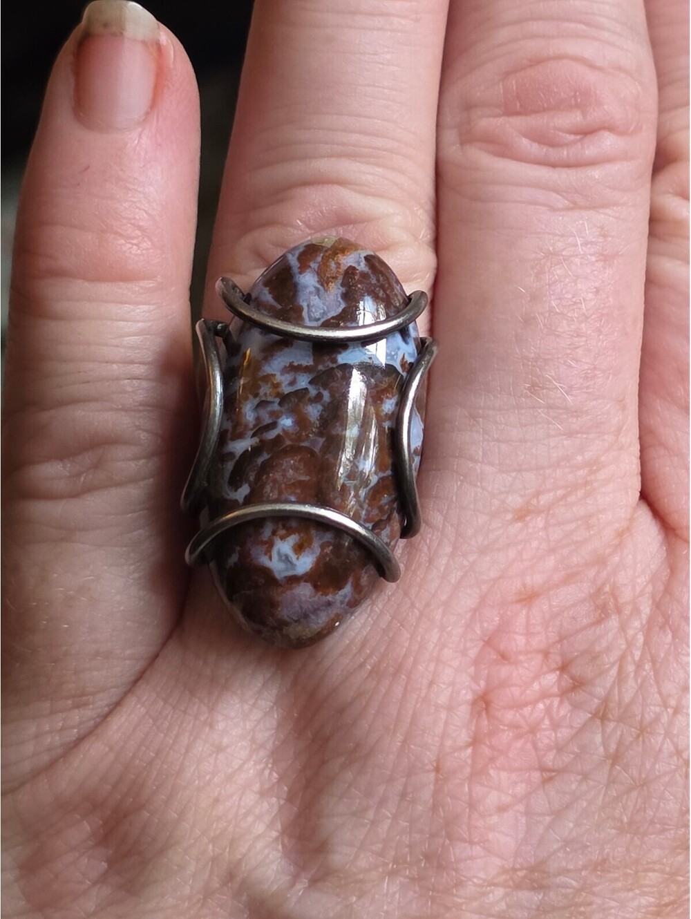 Artisan Wire Wrapped Oval Agate Cabochon Ring Adjustable Sz 7